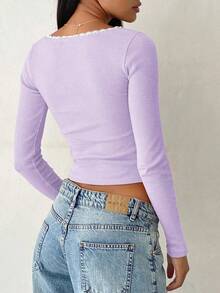 Contrast Lace Long Sleeve Slim Fit Mock Neck Knit Tee - Purple - View 3