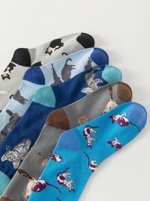 5 Pairs Unisex Cartoon Cat Print Comfortable Crew Socks