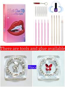 70 piezas Kit de joyería de dientes con piedras de imitación autoadhesivas: gemas de mariposa para dientes, piedras de imitación de fondo plano, diamantes redondos, decoración brillante para dientes, fácil de colocar y quitar, accesorios de cristal, gótica Y2K para Halloween, incluye herramienta y pegamento
