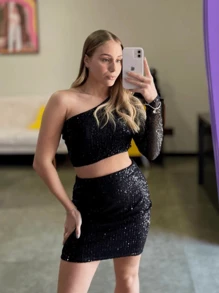 Lari Cropped Single Sleeve Set And Sequin Skirt - màu đen - Xem 2