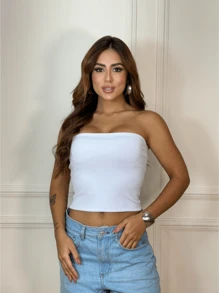 2 Cropped Top tube Feminino Sem Alça e Sem Bojo Básico Dupla Camada de Suplex Modelador slim fit tomara que caia - Branco - Visão 9