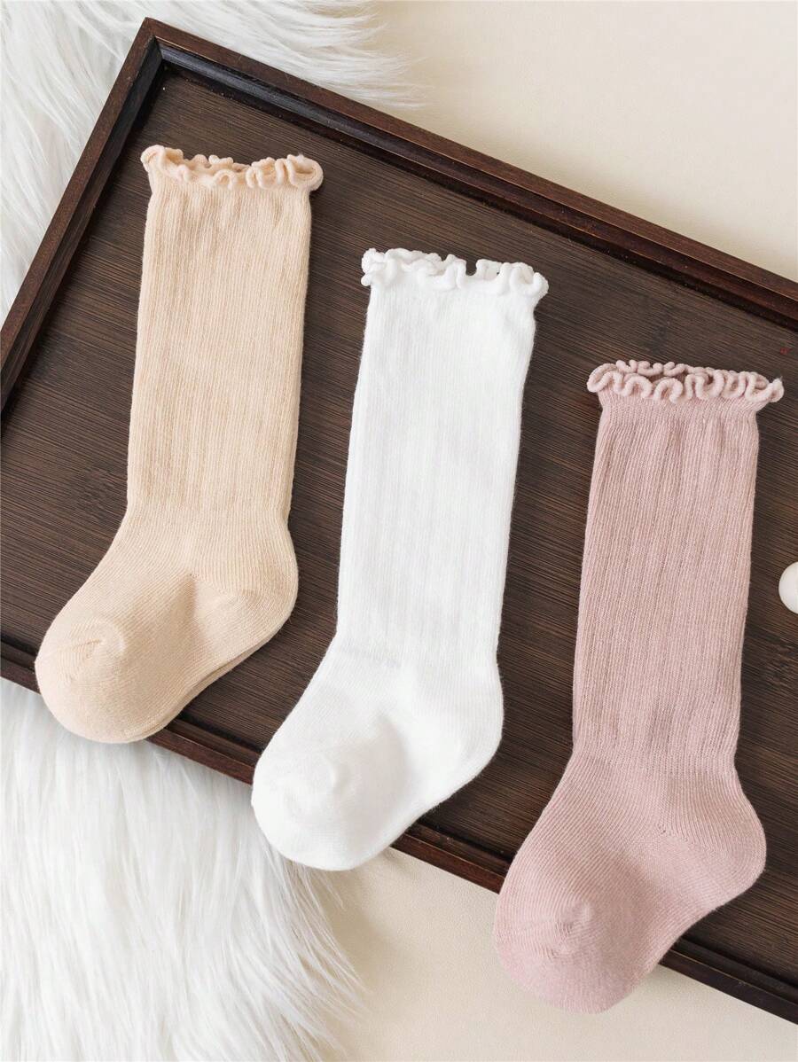 3 双/批春秋季褶边婴儿及膝袜女婴幼儿长筒软袜蕾丝花朵儿童袜子适合 0-3 岁 - 彩色 - 查看 1