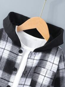 2 件装男童格纹印花连帽衬衫和格纹拼布裤套装 - 黑色 - 查看 3