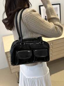 1个简约复古拉链手提包，带口袋，双提手，适合女士日常休闲及通勤使用。 - 黑色 - 查看 3