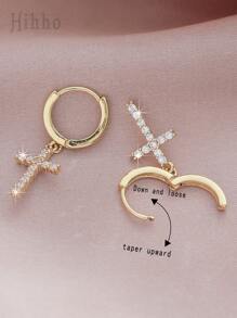 Hihho 1pair Classic Zirconia Embedded Cross Pendant Earrings, With Elegant European And American Luxury Charm, Suitable As A Distinctive Gift For Women's Daily Wear Or Occasions - Yellow Gold - View 3