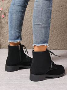 Women's Low Heel Round Toe Lace-Up Black Casual Boots, Outdoor Non-Slip Warm Fashion Ankle Boots - Black - View 2