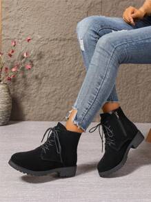Women's Low Heel Round Toe Lace-Up Black Casual Boots, Outdoor Non-Slip Warm Fashion Ankle Boots - Black - View 4