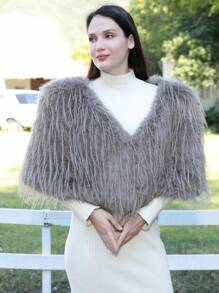 女士奢华蓬松披肩冬季皮草大衣婚礼派对晚礼服皮草披肩 - A - 查看 7