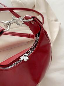 时尚新款纯色新月形手提包，街头百搭通勤斜挎包，简约风格女士包 - 酒紅色 - 查看 6