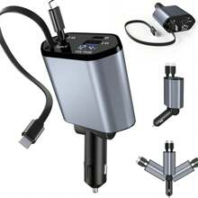 120W 4-In-1 Retractable Super Fast Car Charger - Fast Charging Adapter With Type C/For Ios Retractable Cables Compatible With IOS 15/14/13/12/11, Galaxy, Pixel And All IOS And Android Devices - Safe And Reliable Car Plug With 36V Operating Voltage