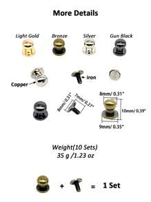 10 Sets Copper 5/6/8mm Round Head Button Screws Stud Rivets, Leather Rivets Craft Belt For DIY Craft Leather Craft Repairs Decoration (Light Gold/Silver/Gun Black) - Gold - View 4