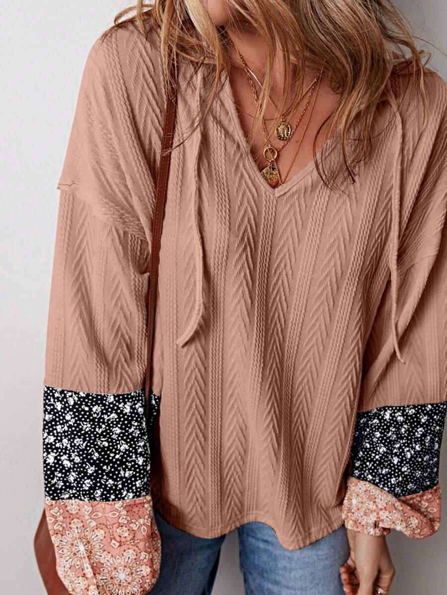 Boho Retro 90's Vintage Ditsy Floral V Neck Cable Knit Print  Bubble Puff Long Sleeve Tunic Drawstring Top Sweater - Bụi hồng - Xem 1