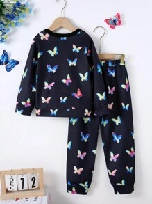 2 件套年轻女孩蝴蝶印花圆领长袖运动衫和运动裤套装，2024 年秋冬，休闲舒适时尚