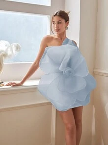 Summer Women's White 3D Rose Floral Elegant Evening Dress, One-Shoulder Backless, Large Flower Decor, Valentine's Day Clothes, Spring/Summer Outfits