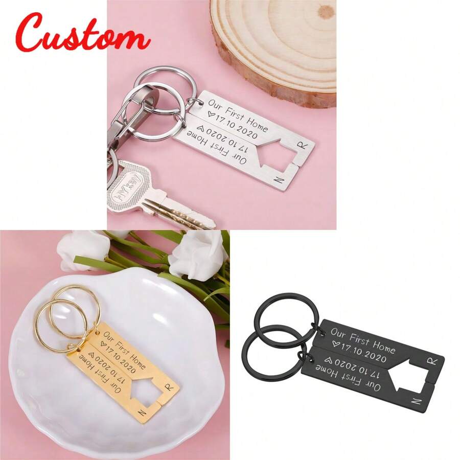 2 Pcs Personalized Puzzle Key Chain,Custom Date&Initial Couple Keyring,Our First Home Matching Couple Gift,Anniversary Gift For Boyfriend - Multicolor - View 1