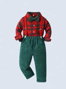 2 件套年轻男孩绅士服装 - 红色格子长袖领衬衫和背带裤，时尚又有型，适合节日、圣诞节、派对 - 綠色 - 查看 7