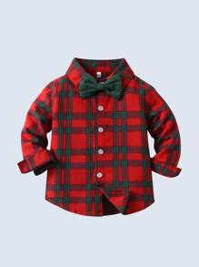 2 件套年轻男孩绅士服装 - 红色格子长袖领衬衫和背带裤，时尚又有型，适合节日、圣诞节、派对 - 綠色 - 查看 6