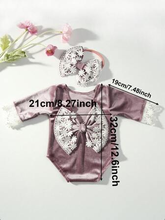 2pcs Newborn Lace Trim Velvet Bodysuit & Headband Set, Bowknot Outfit For Babies, Girls Photography Clothing Baby Shower Family Decorations Gifts Baby Shower Easter Gifts Things For Girls/Boys
