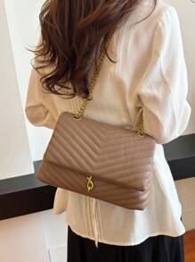 Camel Quilted Embroidery Metal Chain Geometric Crossbody Bag For Women, Casual & Office - Camel - View 2