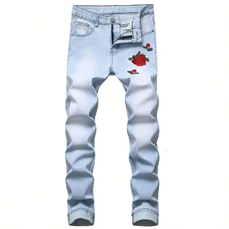 Men's Stretch Skinny Jeans Rose Patterned Embroidered Pants - 藍色 - 查看 1