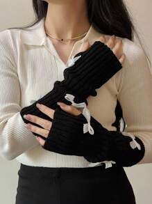 ROMWE Kawaii 1 Pair Fashion Casual Y2k Bowknot Fingerless Gloves Arm Warmer Glove, Jk Knitted Fingerless Gloves For Night Out, Party Halloween Cold Gloves Y2k Valentine's Day Valentines - Multicolor - View 4