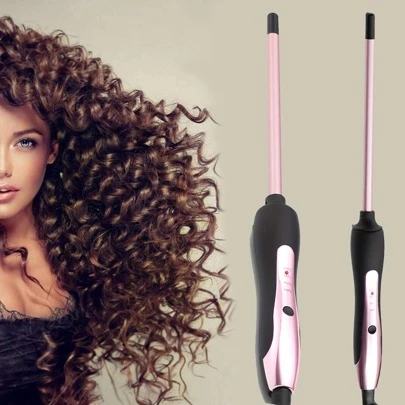 1 pieza Rizador de pelo fino de 3/8", rizador cerámico adecuado para cabello corto y largo, temperatura ajustable, apagado automático, 9mm color oro rosa, regalo de vacaciones barberia