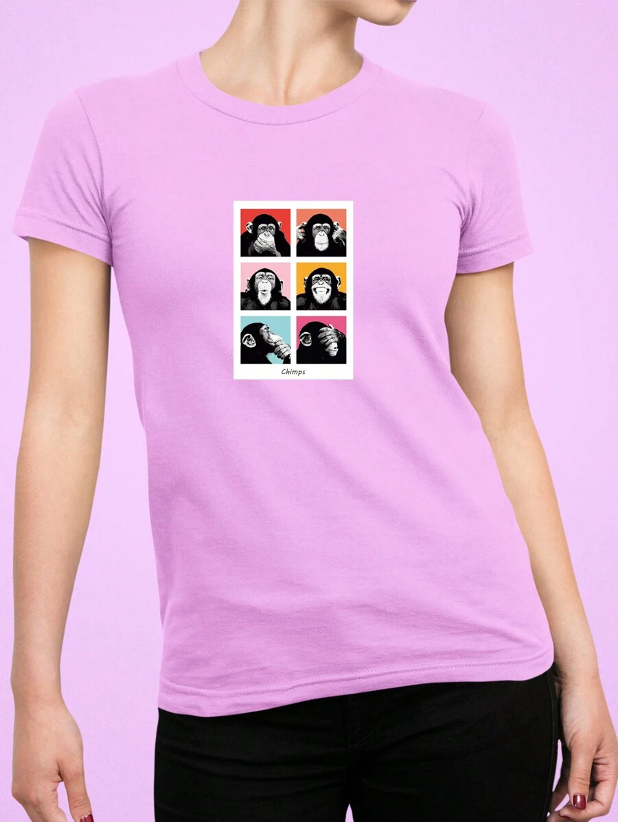 Women's T-Shirt Baby Look Chimpanzees Having Fun Stylish Various Colors 100% Cotton - 紫色 - 查看 1