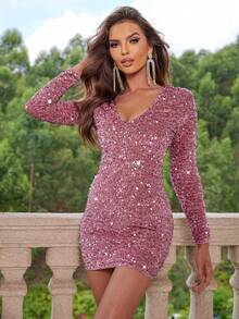 Joyfunear Women's Sequin Bodycon Mini Dress - Pink - View 4