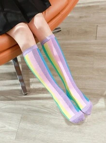 1 Pair Children Rainbow Striped Knee-High Socks, Suitable For Daily Wear And Parties, Autumn/Winter For Girls - Multicolor - View 4