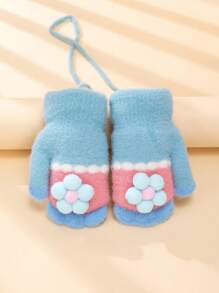 2pcs/Set 1-3 Years Old Kids Cartoon Flower Thickened Warm Full Finger Gloves, Winter