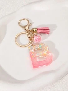 1pc Creative Letter Stone Resin Keychain With Tassel & Butterfly, Letter Pendant Keyring For Girls - Pink - View 13