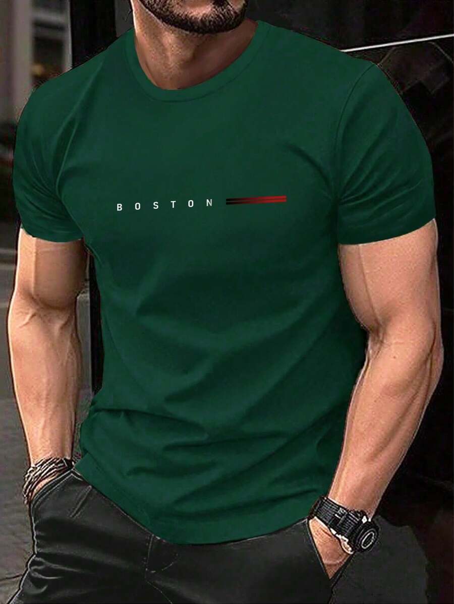 Camiseta Casual Masculina De Manga Curta Com Estampa BOSTON FAIXA Dia dos Pais