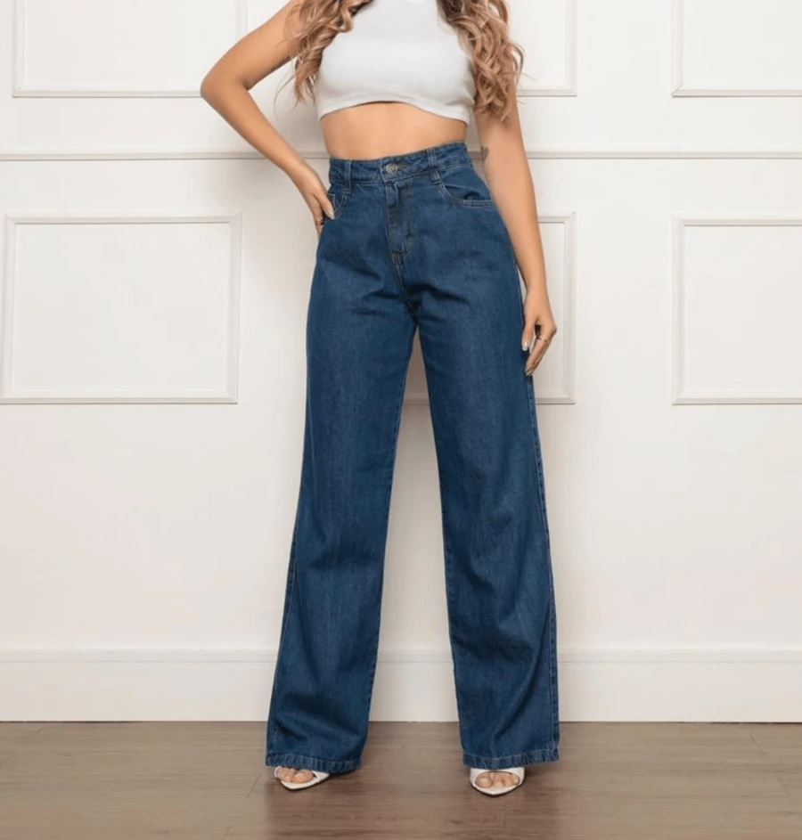 Women's Wide Leg High Waisted Jeans With Butt Lifting Pant - 深色水洗藍 - 查看 1
