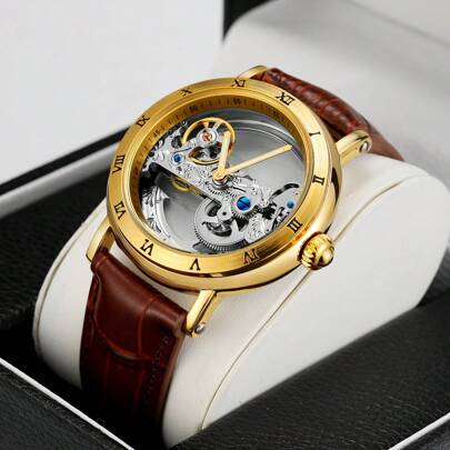 1pc Men's Classic Vintage Gold Rimmed Transparent Hollow Automatic Mechanical Watch With Roman Numerals, Intricate Engraved Movement, Top Brand Brown