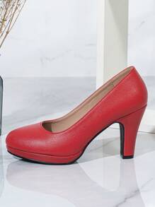 Women's Red Low Vamp High Heels, Waterproof Platform Slip-On Office Shoes