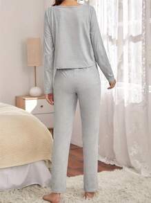 2pcs/Set Nursing Maternity Pajama Set, Women Soft Solid Color Long Sleeve Top And Pants Comfortable Sleepwear - Grey - View 2