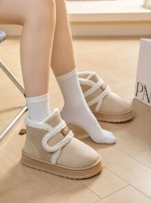 女士纯色厚底雪地靴，休闲一脚蹬毛绒衬里靴，舒适冬靴 - 卡其色 - 查看 4