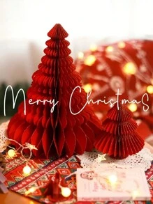 2pcs/Set, Desktop Christmas Tree Shape Ornament, Christmas Decoration, Christmas Tree Honeycomb Paper Decoration, Christmas Party Decoration, Christmas Desktop Decoration, New Year Party, Christmas Holiday Atmosphere Decoration,Christmas - Red - View 7