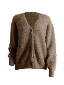 Women's Fuzzy Cardigan Soft Loose Long Sleeve Button Down V Neck Oversized Slouchy Furry Sweater Coat Chic Tops