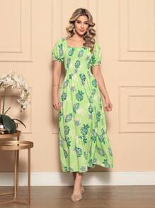 Long Puff Sleeve Elastex Florida Printed Party Dress - 綠色 - 查看 1