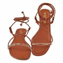 Women's Flat Sandals With Rhinestone Ties - 駝色 - 查看 2