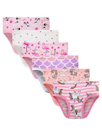 6 stuks/verpakking babymeisjesondergoed met puppy-, eenhoorn- en flamingoprints