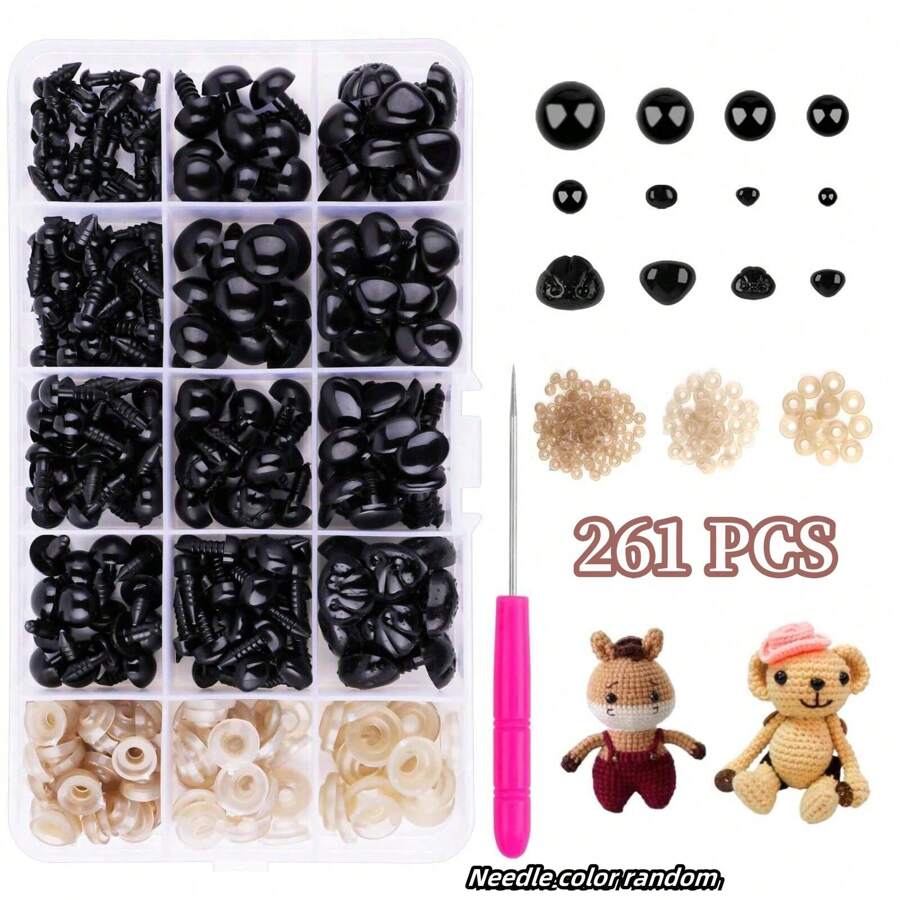 200/261件套黑色眼睛和鼻子套装，黑色塑料工艺娃娃眼睛，适用于DIY玩偶、熊工艺品、动物玩偶制作（各种尺寸）