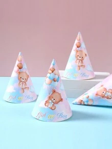 6顶棕熊纸质生日帽，性别揭晓派对用品，生日派对帽 - 彩色 - 查看 2