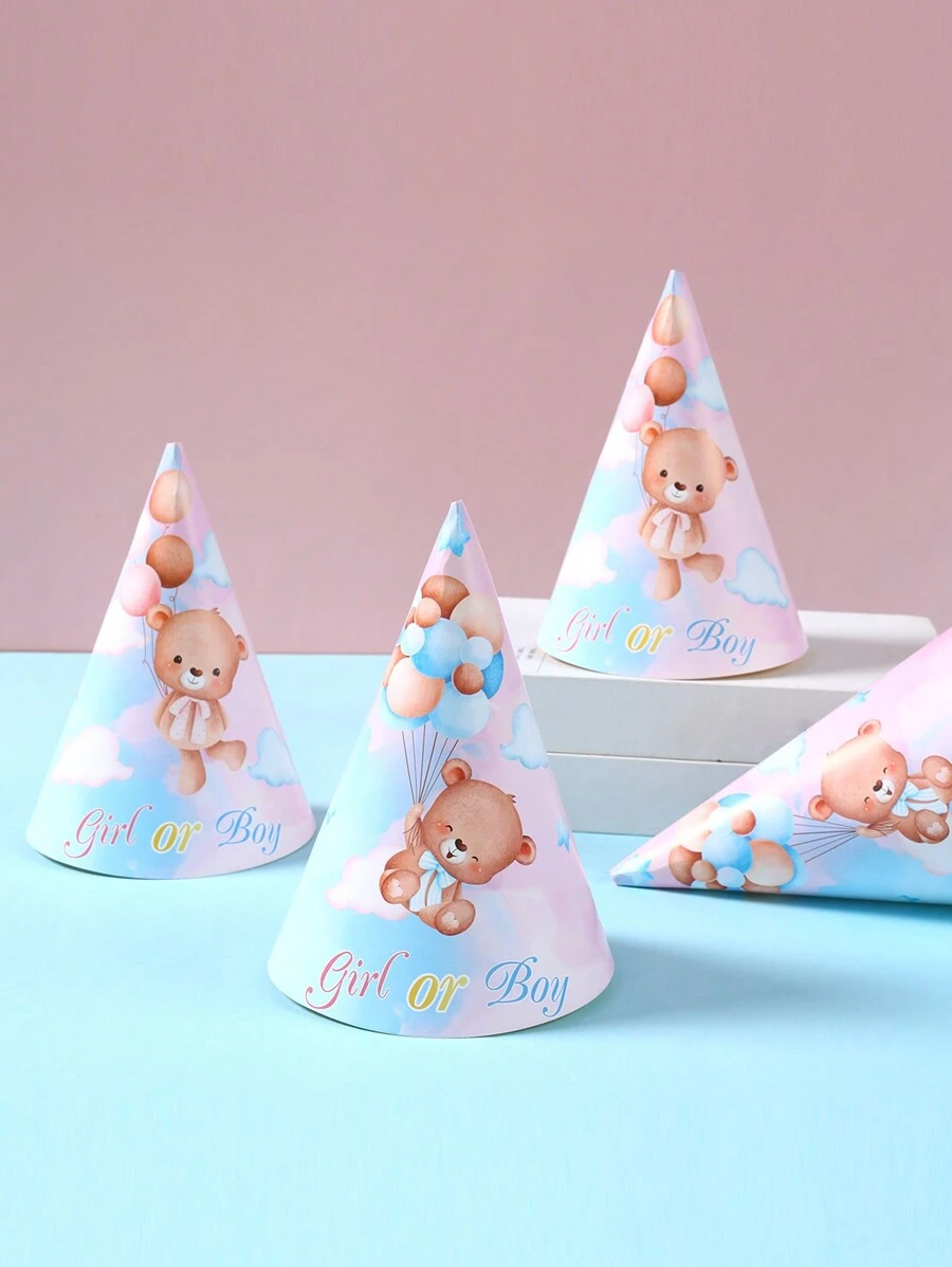 6顶棕熊纸质生日帽，性别揭晓派对用品，生日派对帽