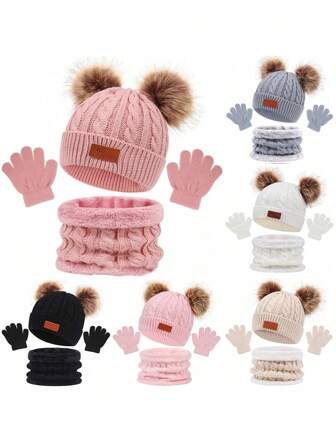 Juego de 1/3/4 piezas de gorro/bufanda/guantes de punto grueso y cálido para niños y niñas, gorro de punto con pompón de una y doble capa de felpa, guantes de cuello de felpa, perfectos para otoño e invierno, adecuados para bebés (3-8 años)