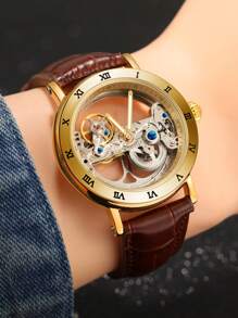 FORSINING 1 件男士经典复古金边透明镂空自动机械表，带罗马数字，精致雕刻机芯，顶级品牌棕色皮革表带，商务休闲手表，时尚腕表，生日/节日礼物 - 金色 - 查看 8