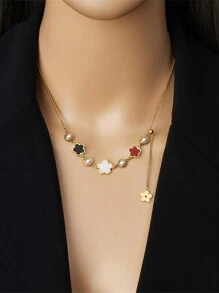1 Stück goldfarbene bunte Blumen-Charm-Kette mit Quasten-Anhänger Halskette, Edelstahl Valentinstag, Muttertag, Geschenk für Mutter