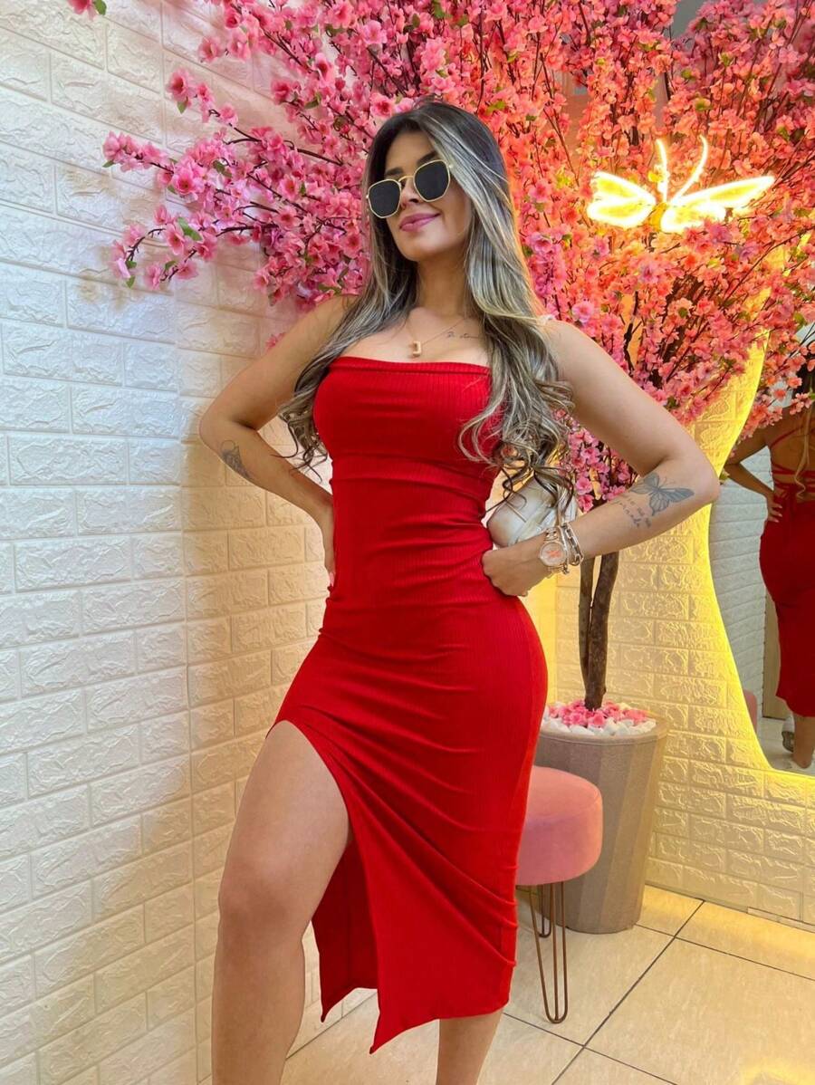 Ribbed Midi Dress With Side Slit - 紅色 - 查看 1
