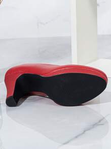 Women's Red Low Vamp High Heels, Waterproof Platform Slip-On Office Shoes